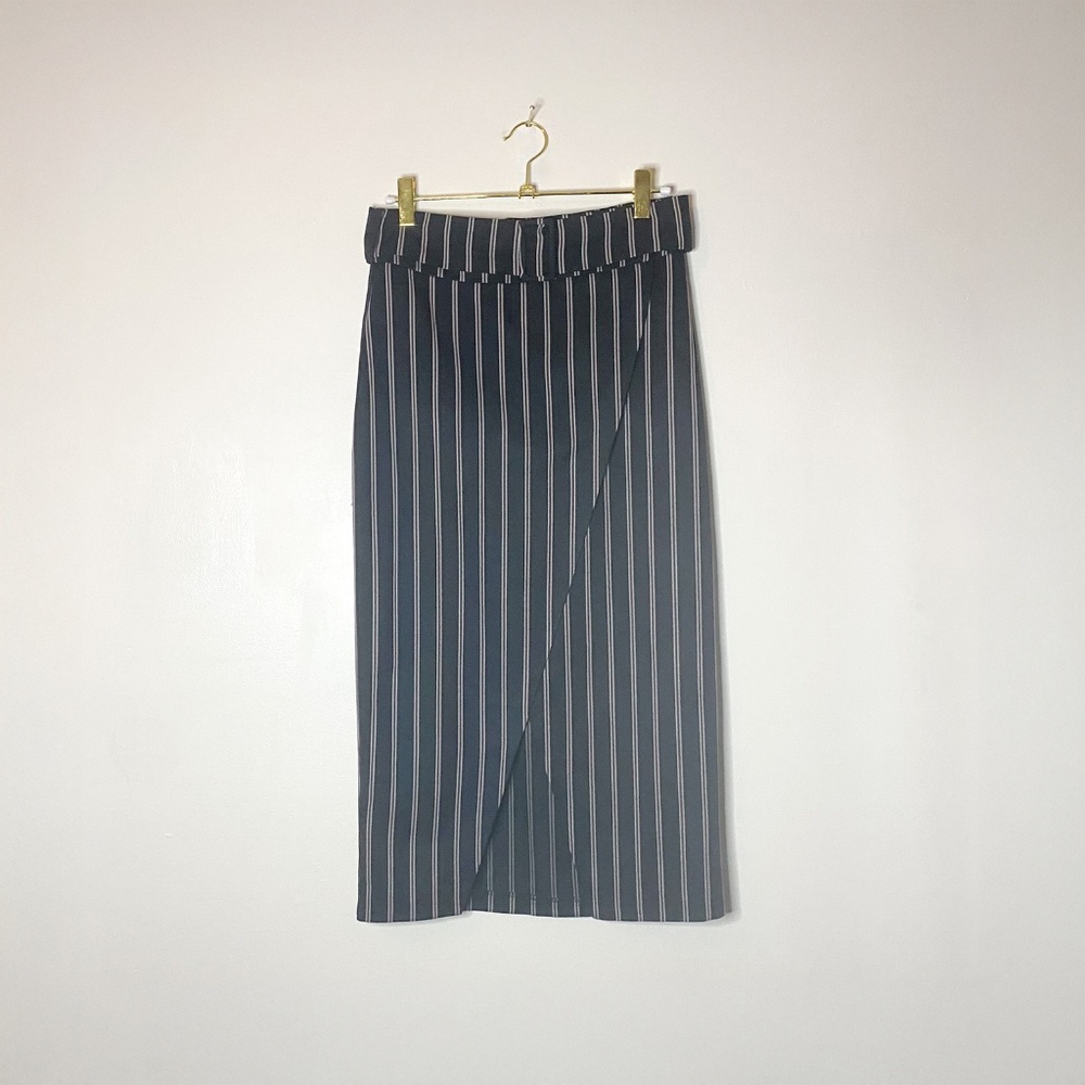 Pinstripe Belted Hybrid Pencil-Wrap Skirt